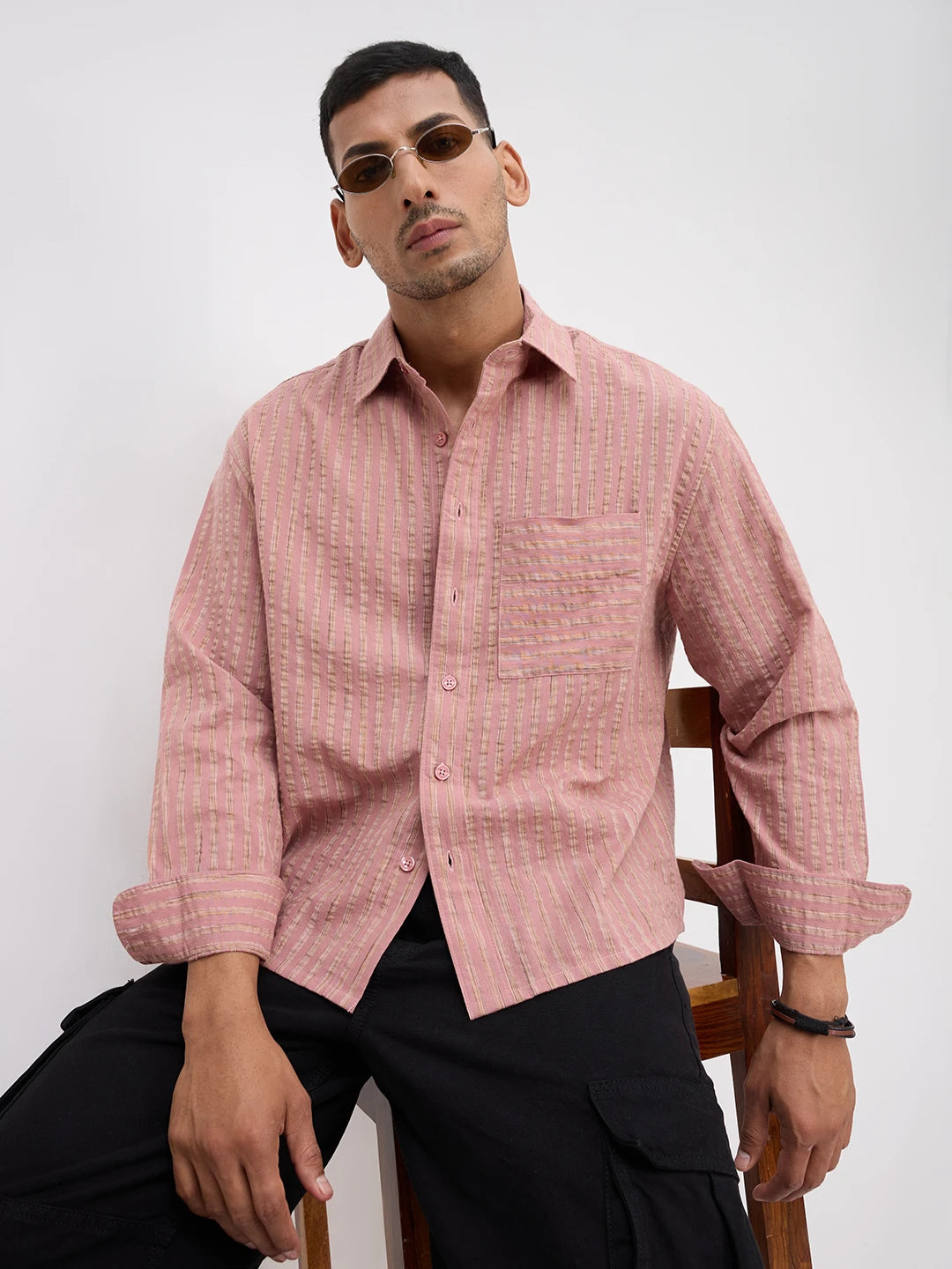 Georgia Peach Fine Seersucker Striped Boxy Fit Crop Shirt