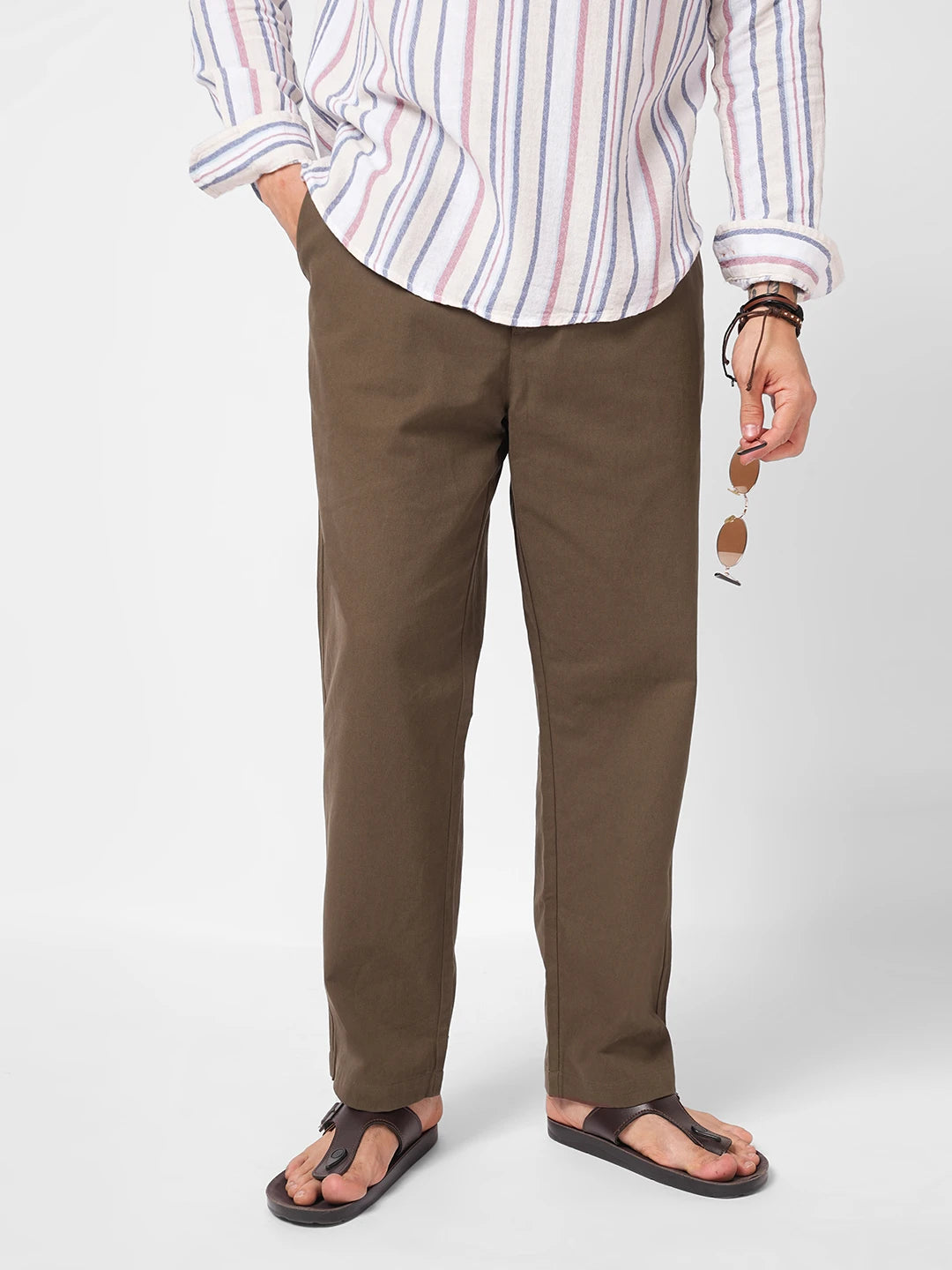 Solid Brown Tapered Trousers