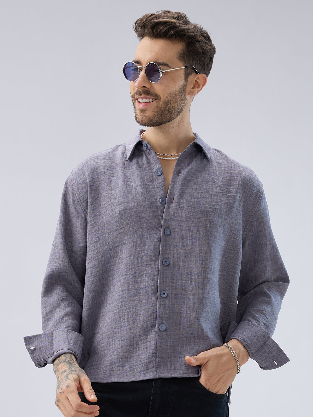 Pebble Grey Slub Textured Side-Slit Button Oversized Crop Shirt