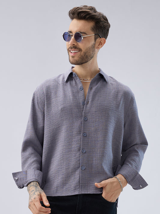 Pebble Grey Slub Textured Side-Slit Button Oversized Crop Shirt