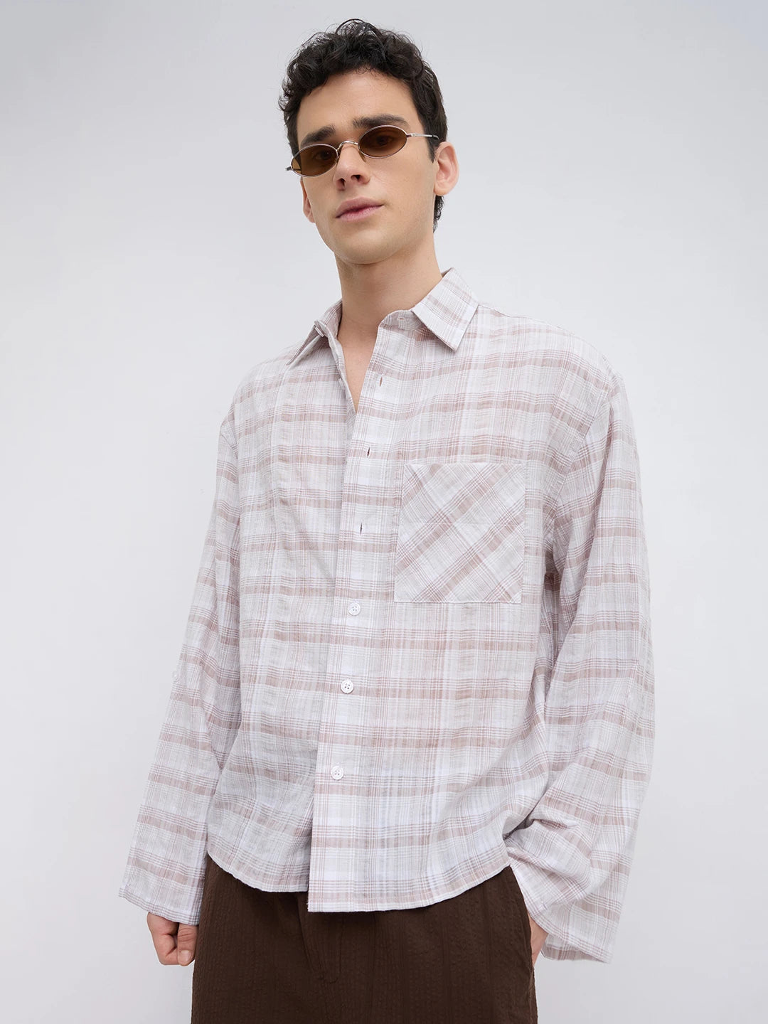 Taupe Brown Fine Checks Weave Oversized Crop Shirt