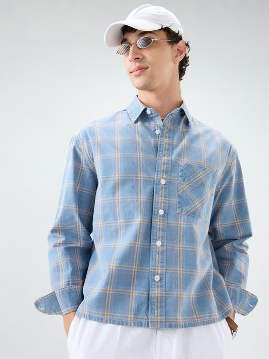 Denim Blue & Yellow Multi Line Checks Boxy Fit Crop Shirt