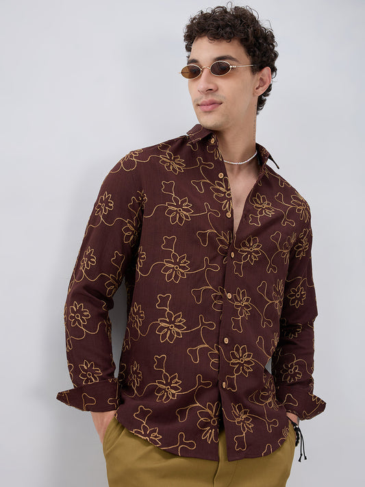 Brown Slub Textured Floral Contrast Embroidered Shirt