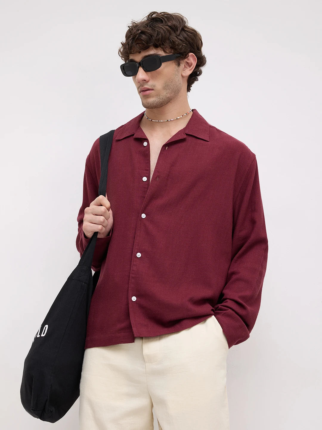 Maroon Fine Textured Linen Blend Notch Collar Oversized Shirt