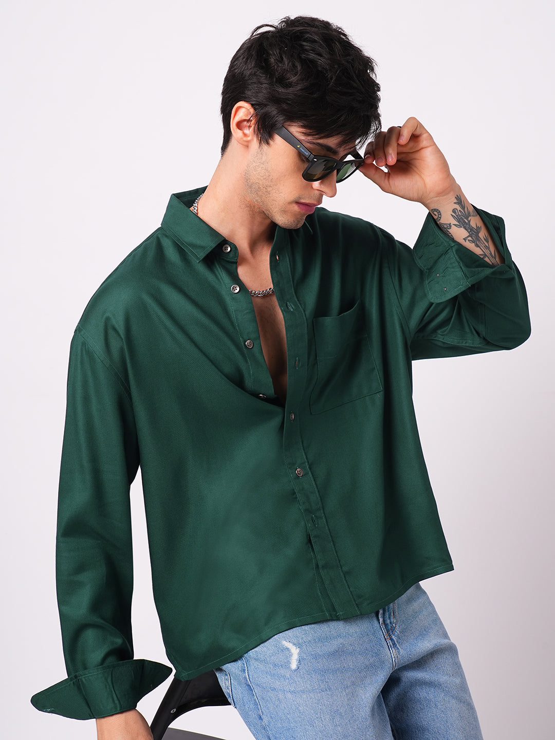 Solid Sacramento Green Boxy Fit Crop Shirt