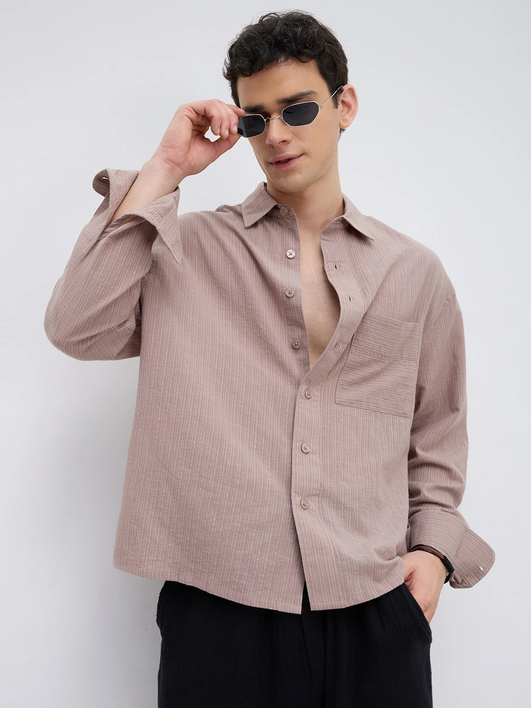Taupe Brown Fine Striped Boxy Fit Crop Shirt
