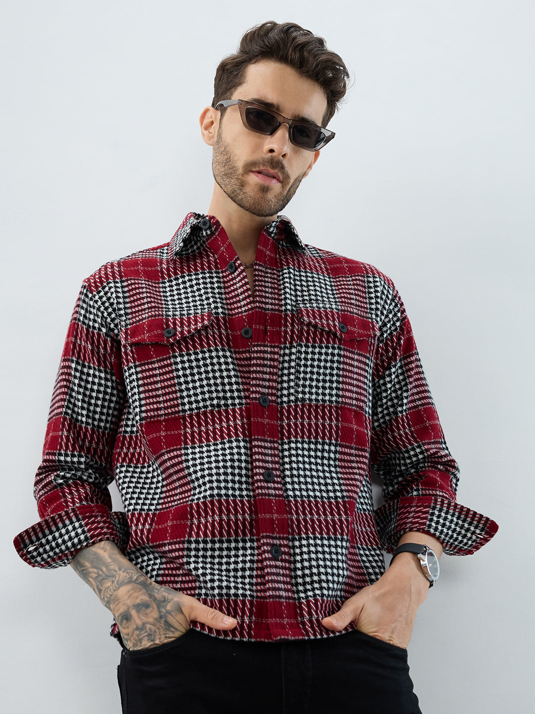 Opulent Red Houndstooth Checkmate Twin Pocket Flannel Shirt