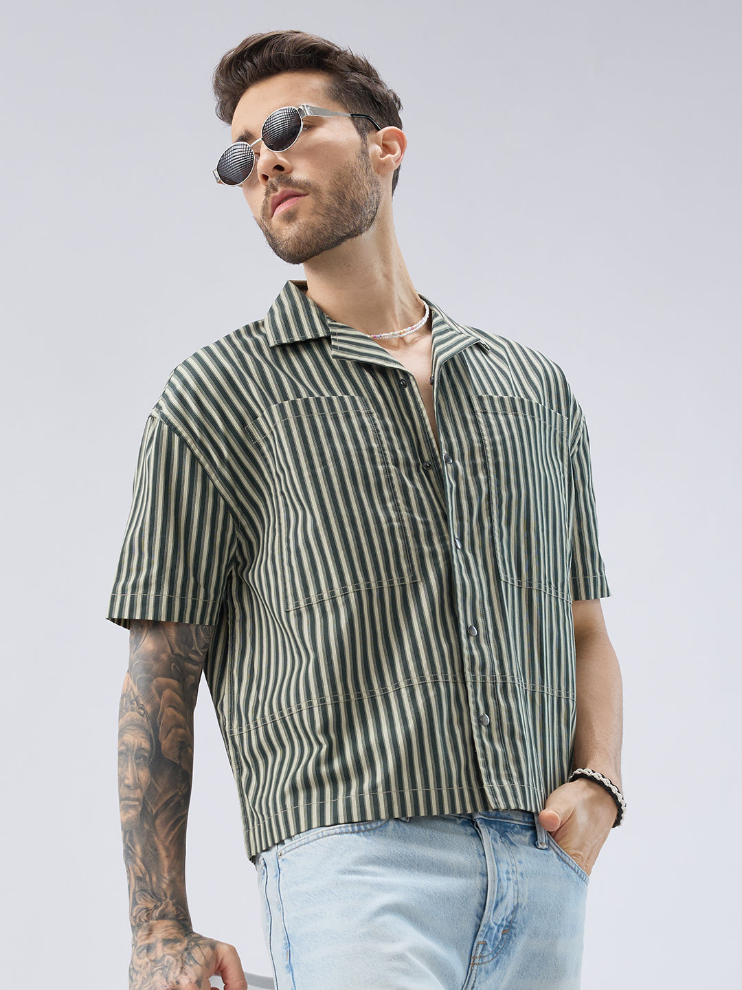 Olive Striped Twin Pocket Oversized Crop Shirt