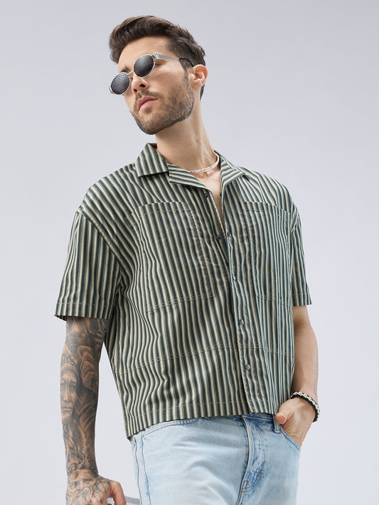Olive Striped Twin Pocket Oversized Crop Shirt