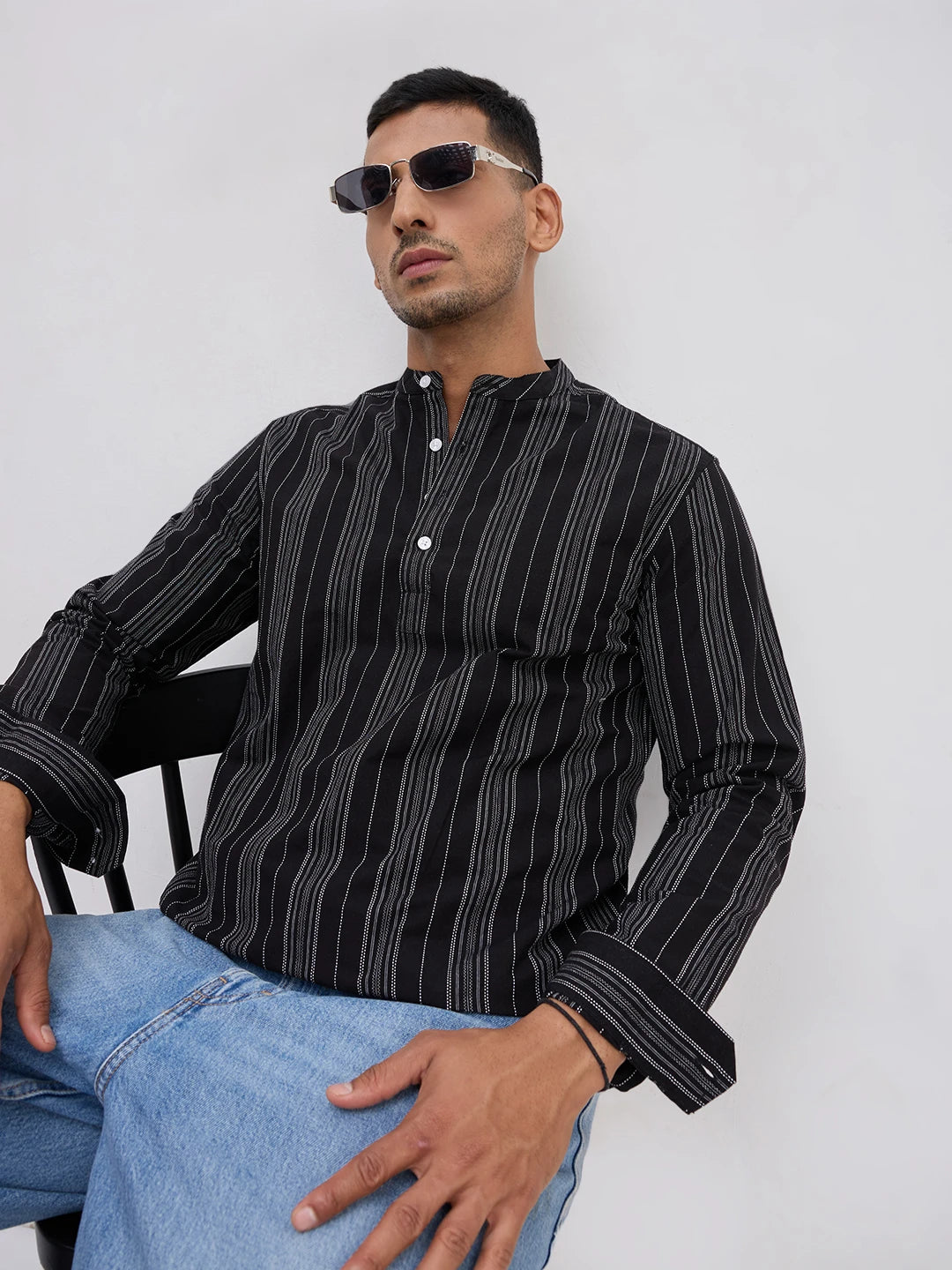 Jet Black Fine Threadwork Striped Kurta