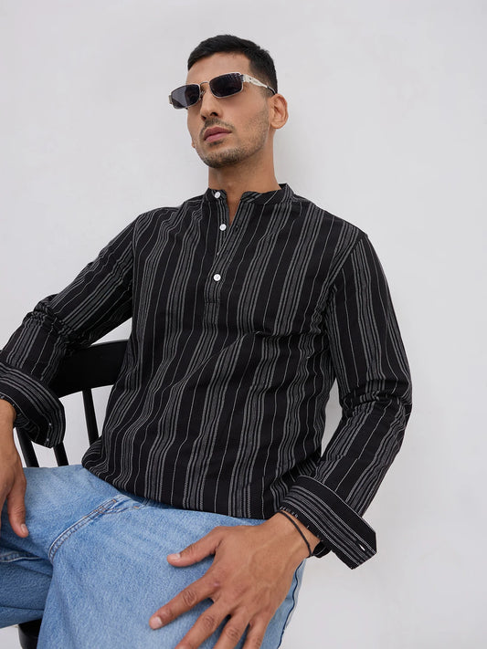 Jet Black Fine Threadwork Striped Kurta