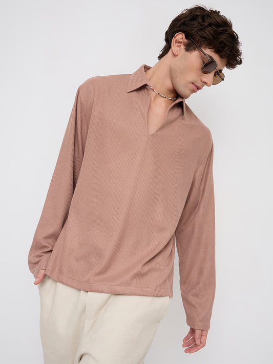 Soft Brown Micro Weave Knitted Oversized Polo Shirt