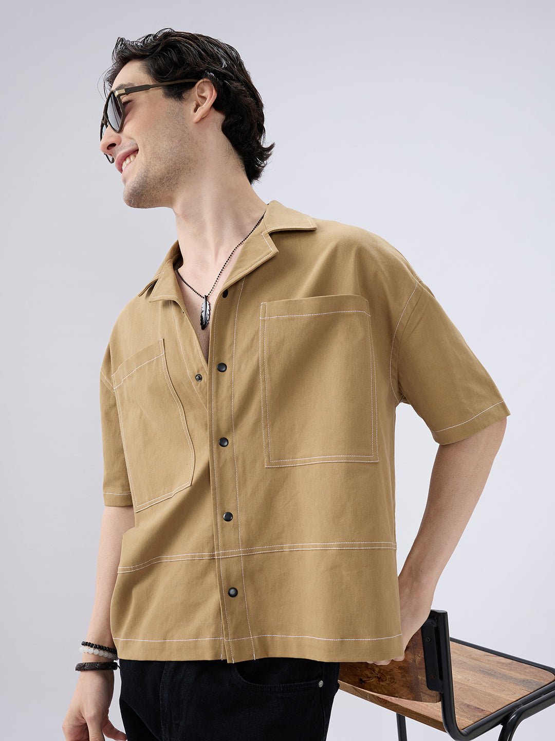 Khaki Contrast Stitch Twin Pocket Oversized Crop Shirt
