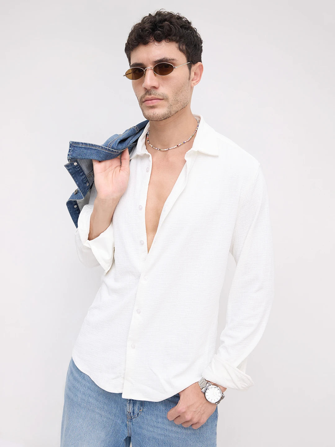 Snow White Mini Checks Textured Knitted Shirt