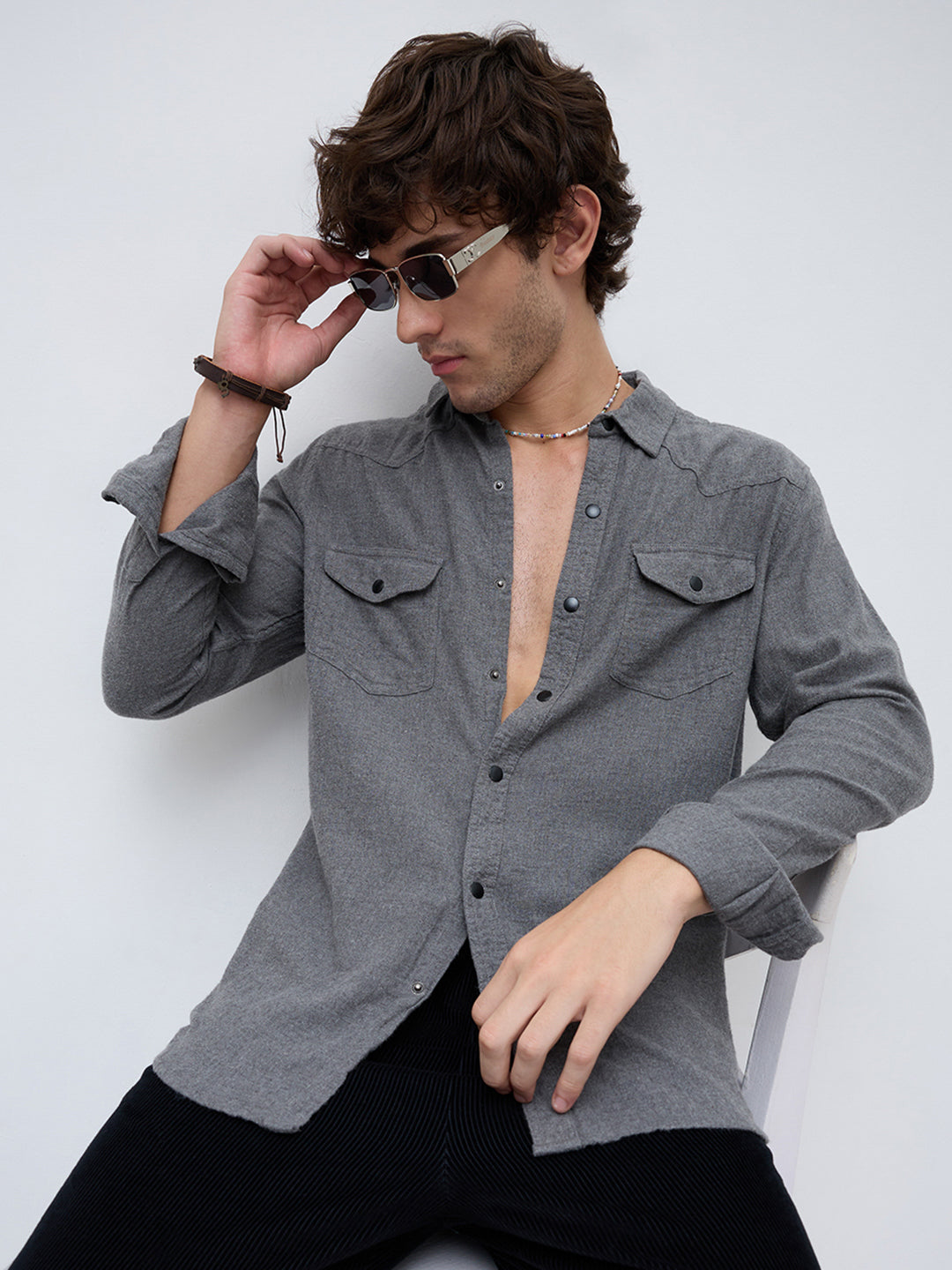 Solid Intense Grey Flannel Double Flap Pocket Shirt