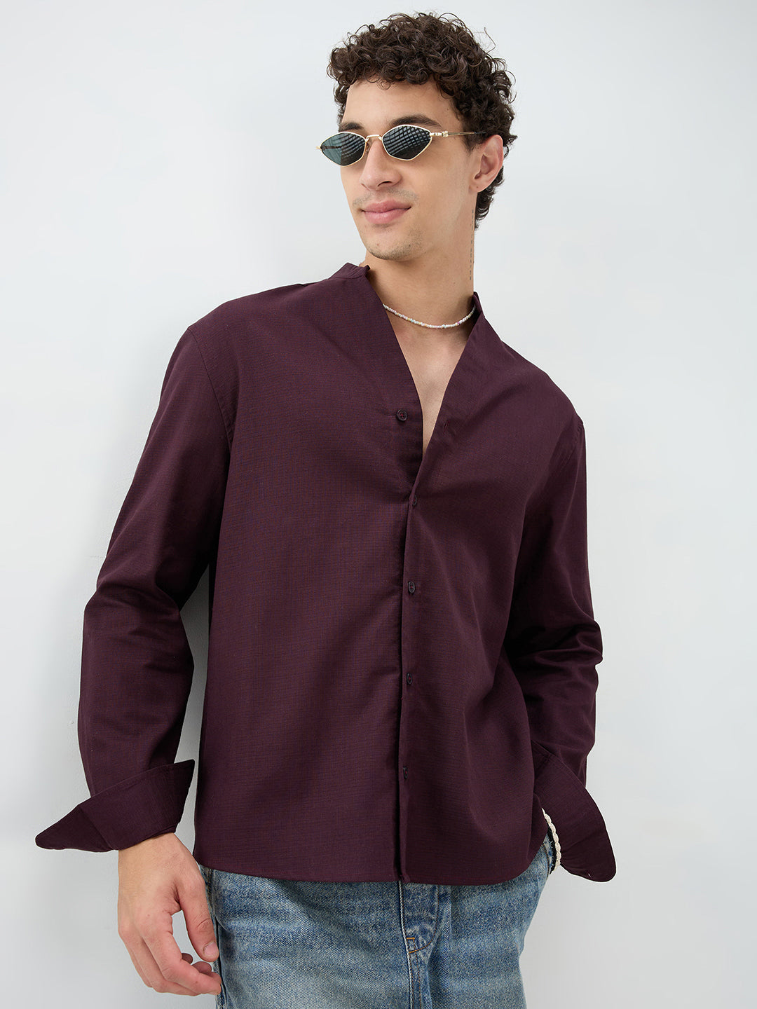 Maroon Fine Weave Oversized Stand Collar Shirt