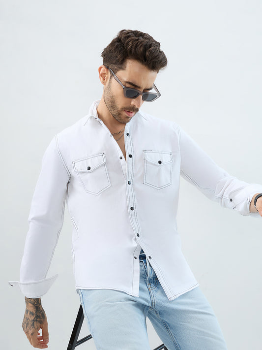 White Contrast Stitch Double Pocket Overshirt
