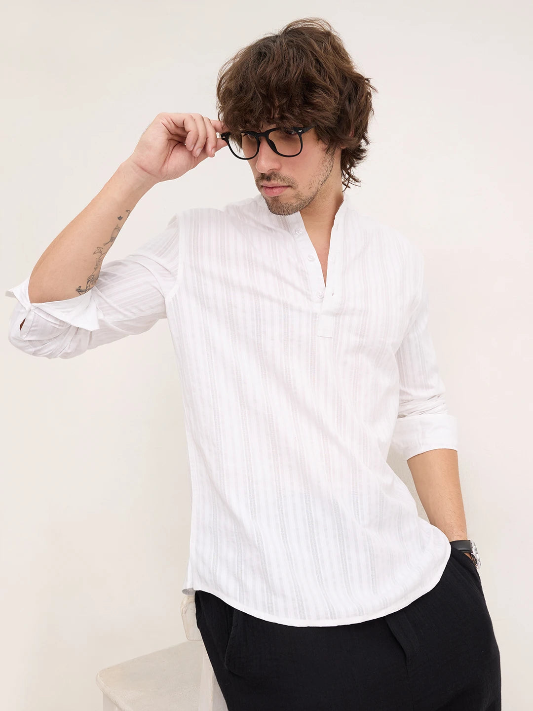 Frost White Diamond Striped Weave Kurta