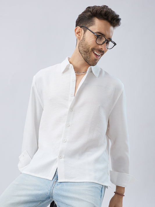 Snow White Side Slit Button Slub Textured Oversized Crop Shirt