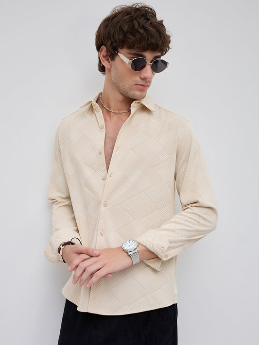 Intricate Beige Block Weave Knitted Shirt