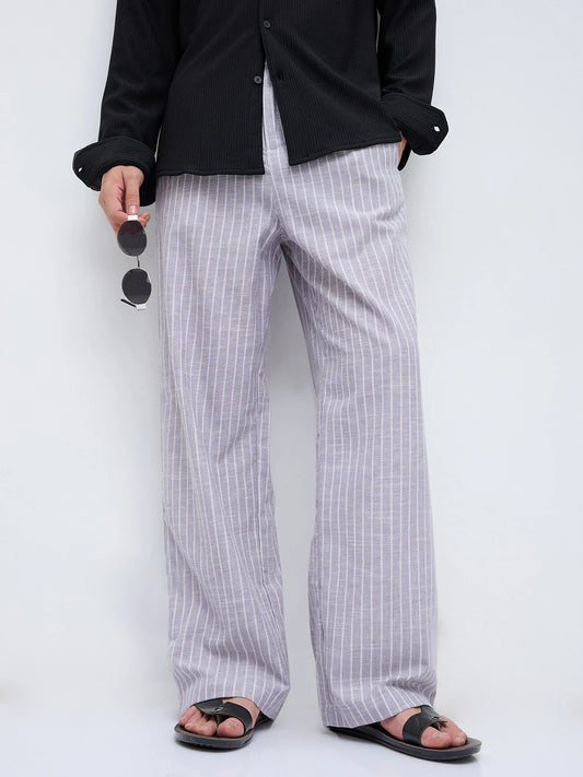 Trendy Mauve Striped Wide Leg Trousers