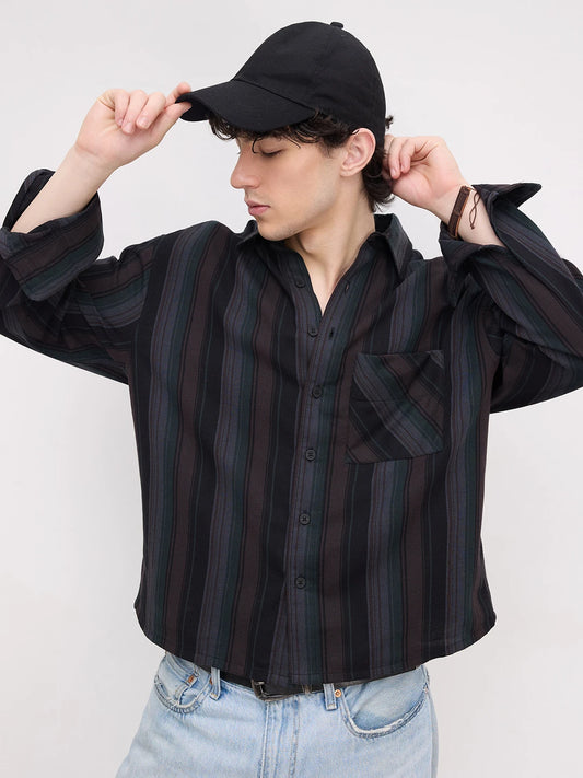 Luxe Coffee Brown Multi-Striped Boxy Fit Crop Shirt