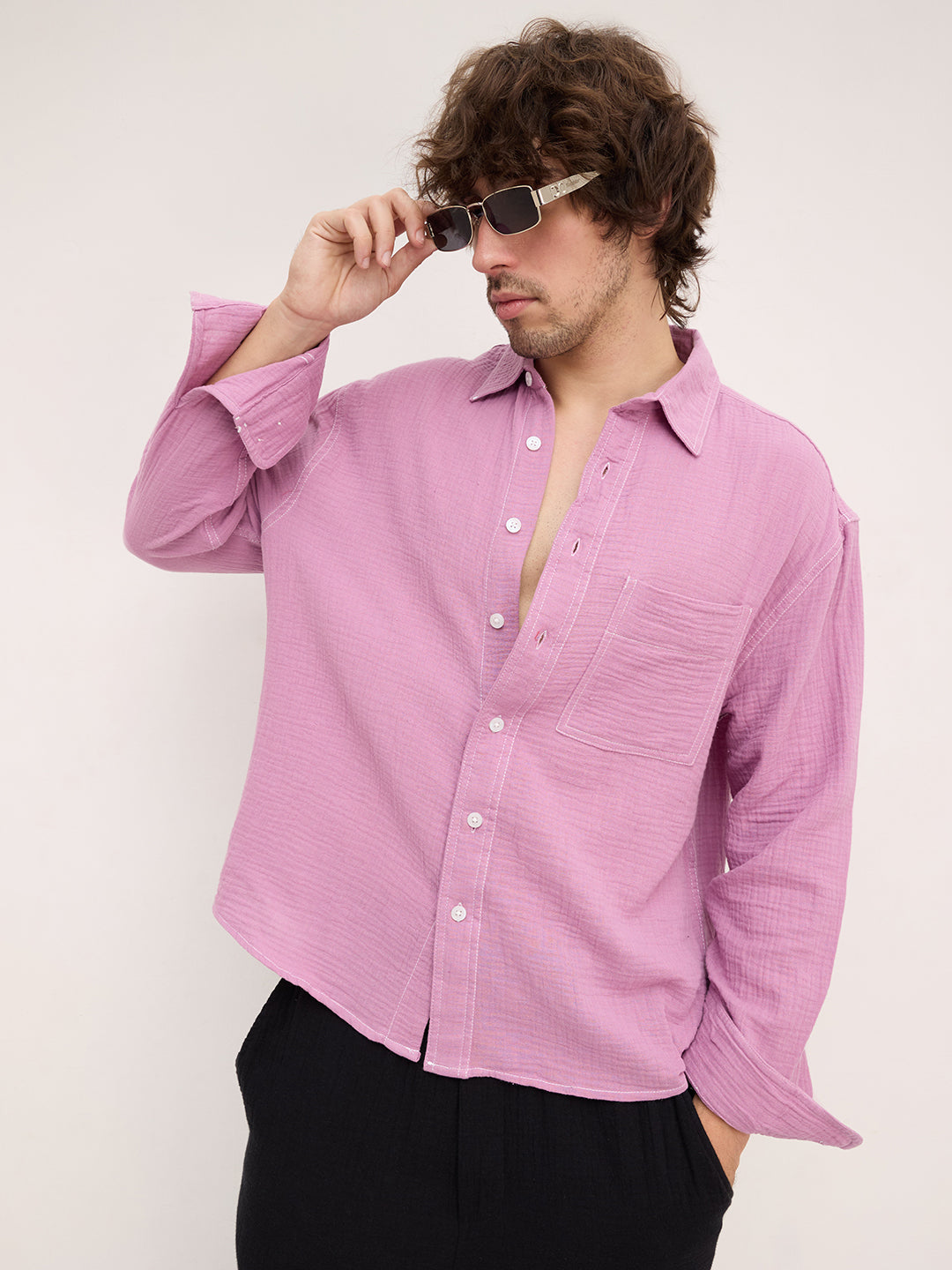 Rich Lilac Double Cloth Boxy Fit Crop Shirt