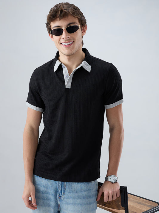 Rich Black Contrast Polo Neck Knit T-shirt