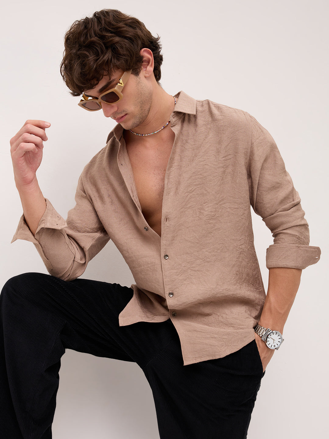 Luxe Taupe Beige Frosted Textured Shirt