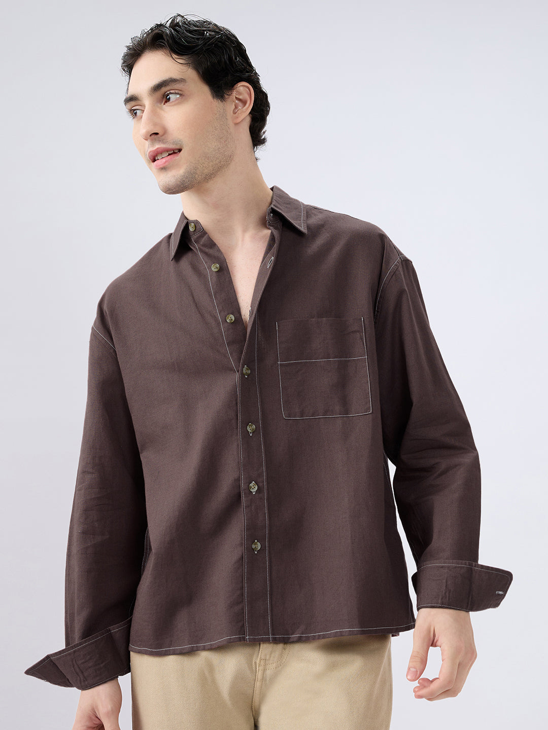 Elegant Brown Linen Contrast Stitch Boxy Fit Crop Shirt