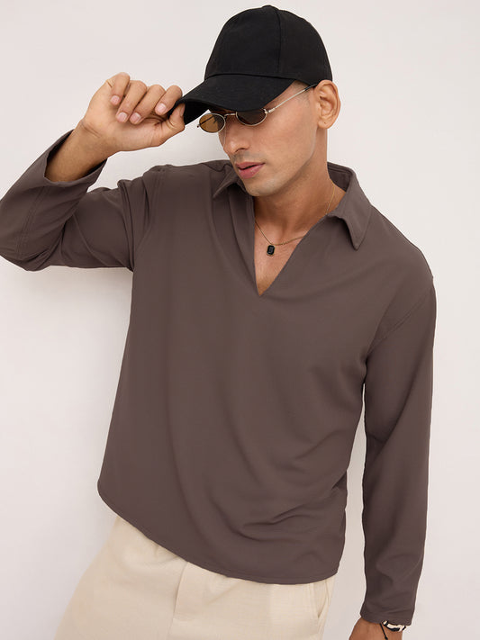Saddle Brown Oversized Polo Tencel Knit Shirt