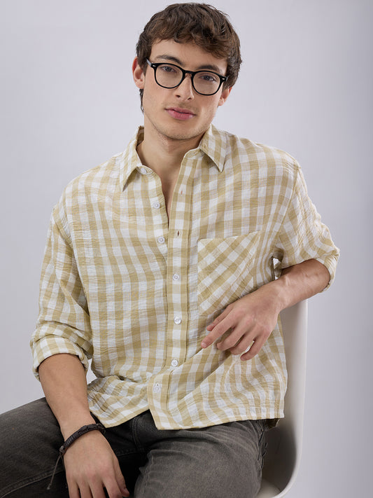 Soft Olive Gingham Checks Crinkled Boxy Fit Crop Shirt