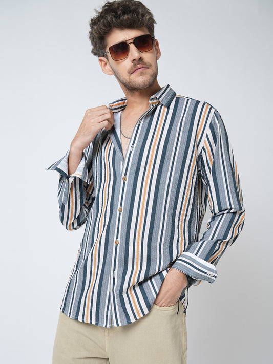 Teal Blue & Cream Crinkled Shirt