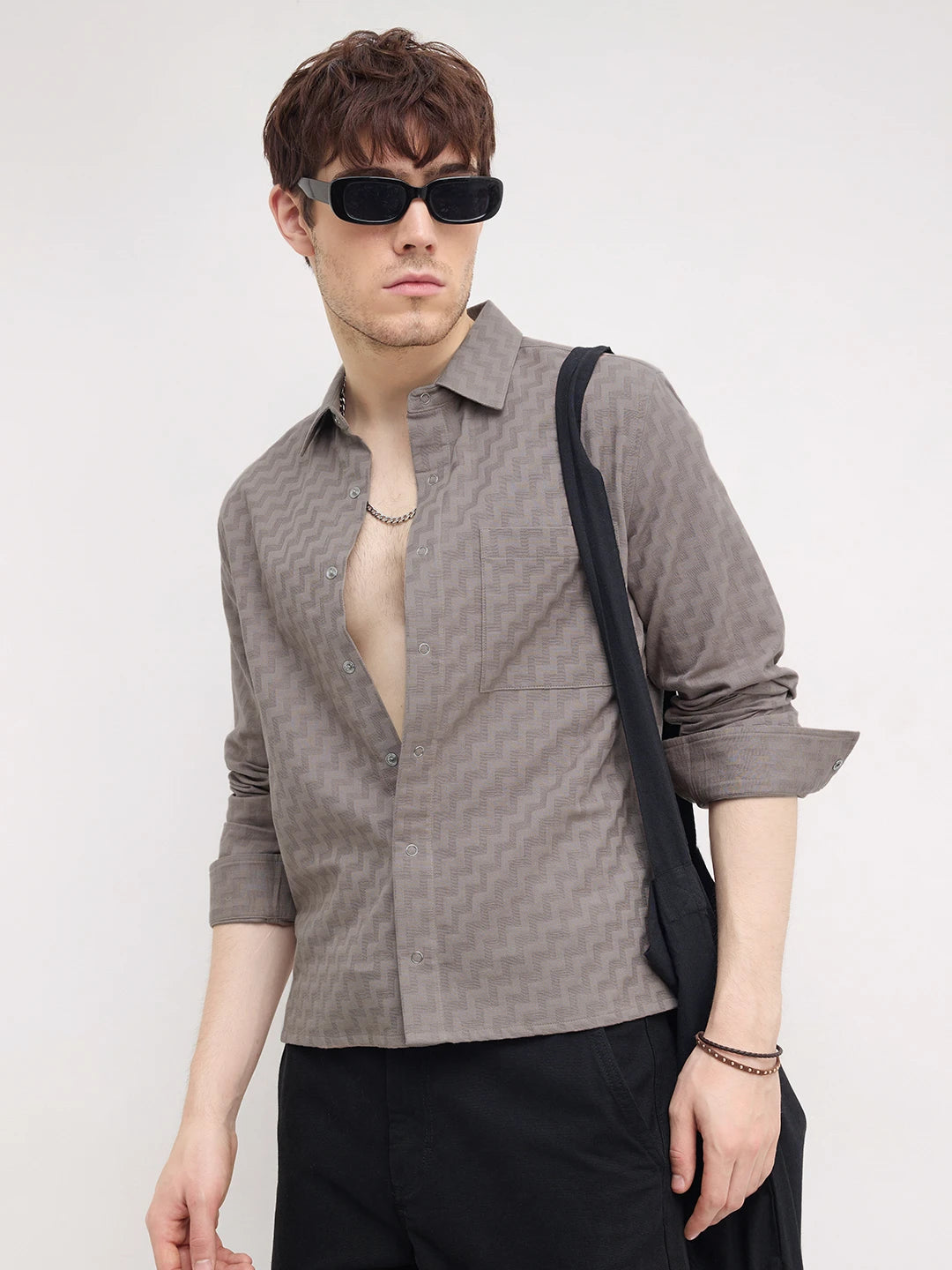 Distinctive Grey Maze Textured Straight Hem Crop Shirt
