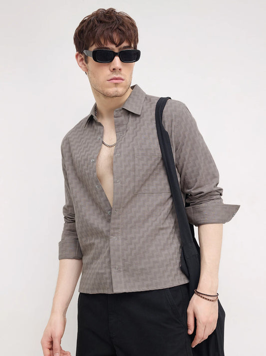 Distinctive Grey Maze Textured Straight Hem Crop Shirt