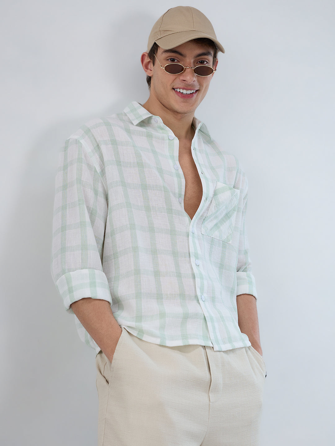 Minted Sage Green Box Checks Boxy Fit Crop Shirt