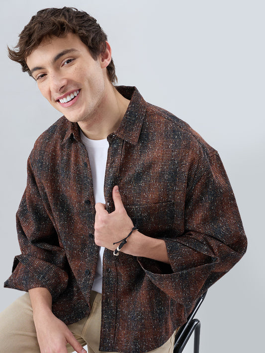 Sanjh Shaam Glossy Brown Textured Cuffless Oversized Crop Shirt