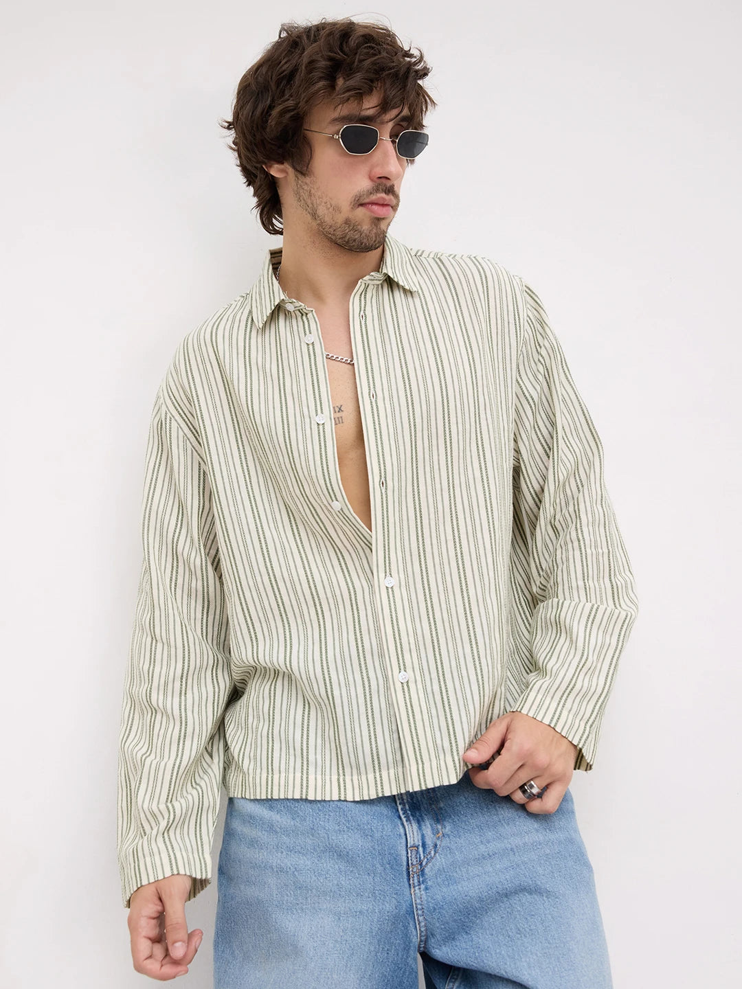 Sage Green Chainstriped Cuffless Oversized Shirt
