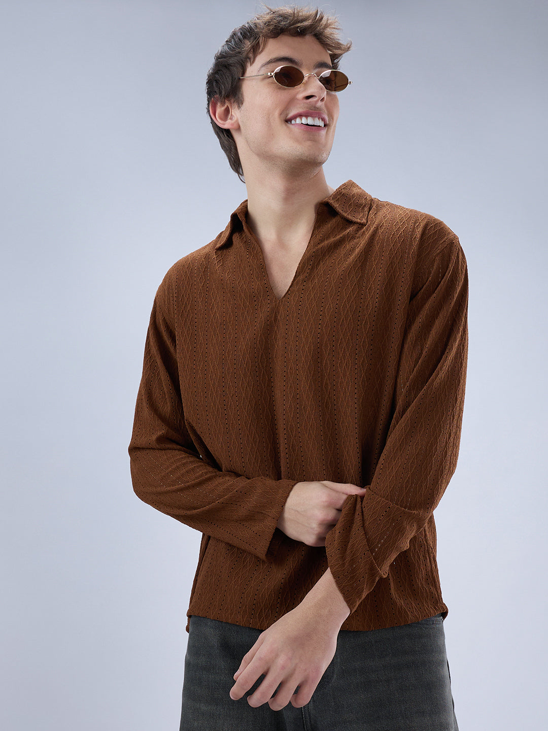 Luxe Brown Fine Lozenge Weave Polo Oversized Shirt