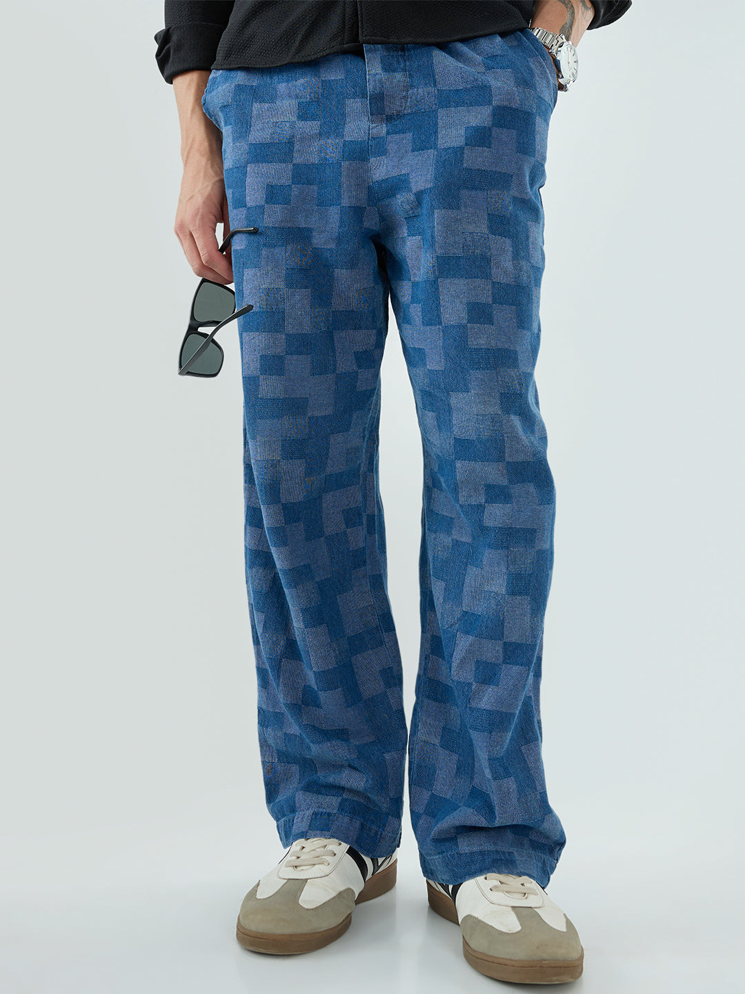 Elegant Denim Blue Box Checks Acid Wash Straight-Fit Trousers