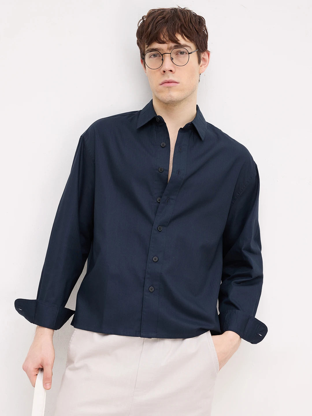 Classic Navy Herringbone Textured Boxy Fit Crop Shirt