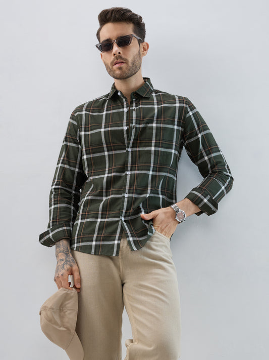 Premuim Cotton Olive Grid Tartan Checks Shirt