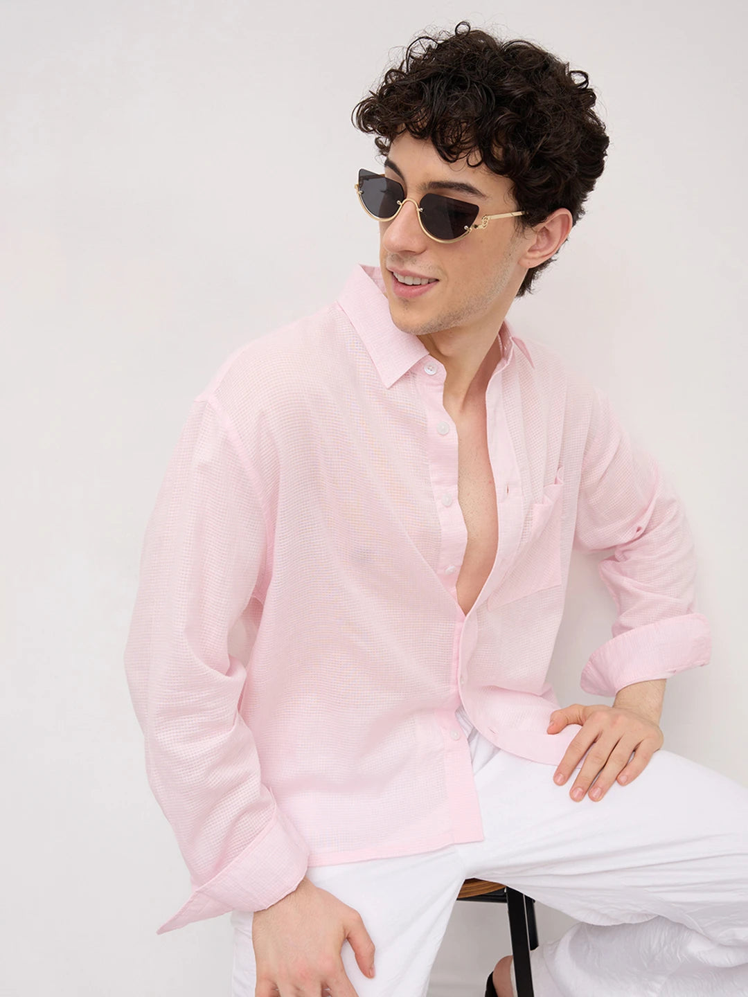 Sheer Blush Pink Gingham Checks Boxy Fit Crop Shirt