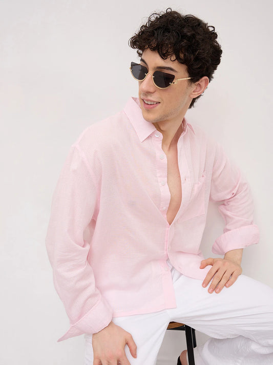 Sheer Blush Pink Gingham Checks Boxy Fit Crop Shirt