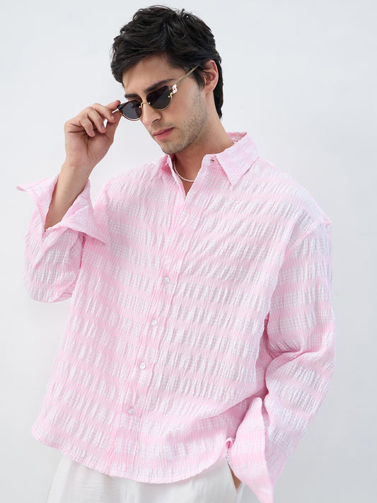 Blush Pink & White Seersucker Gingham Checks Boxy Fit Crop Shirt