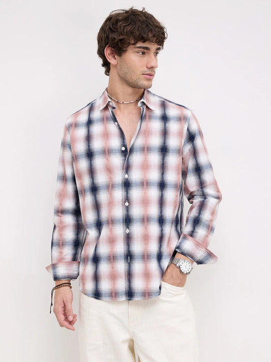 Premium Navy & Pink Textured Plaid Checks Shirt