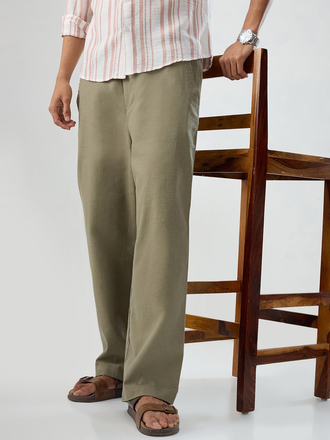 Olive Subtle HerrigboneTextured Straight-Fit Trousers