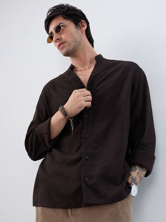 Premium Cocoa Motif Weave Linen Blend Stand-Collar Oversized Shirt