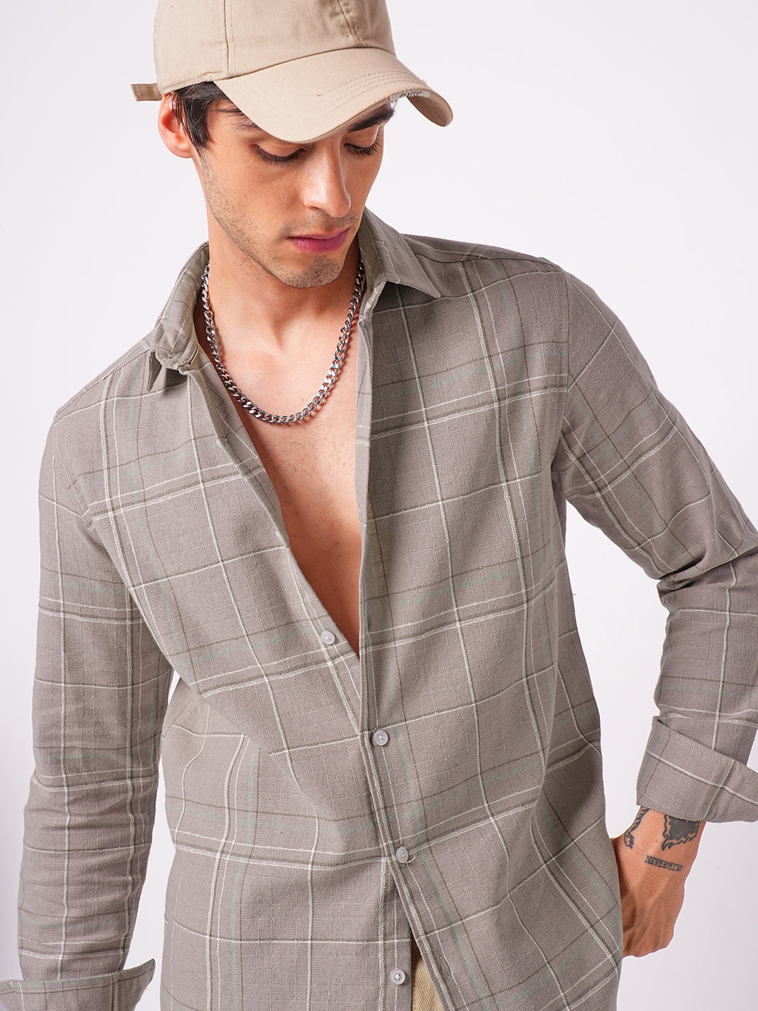 Elegant Taupe Brown Windowpane Checks Shirt