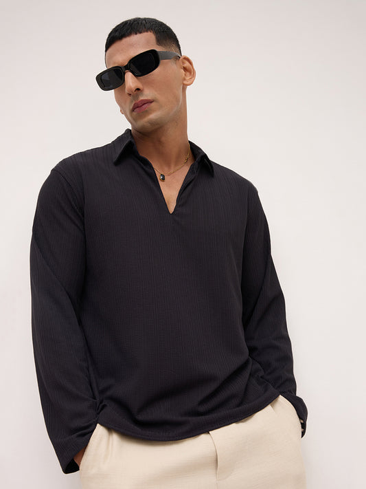 Black Linework Airknit Oversized Polo Shirt